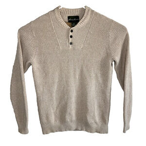 Eddie Bauer Henley Knit Sweater Mens XLT Oatmeal Heavy Fall Layering Classic
